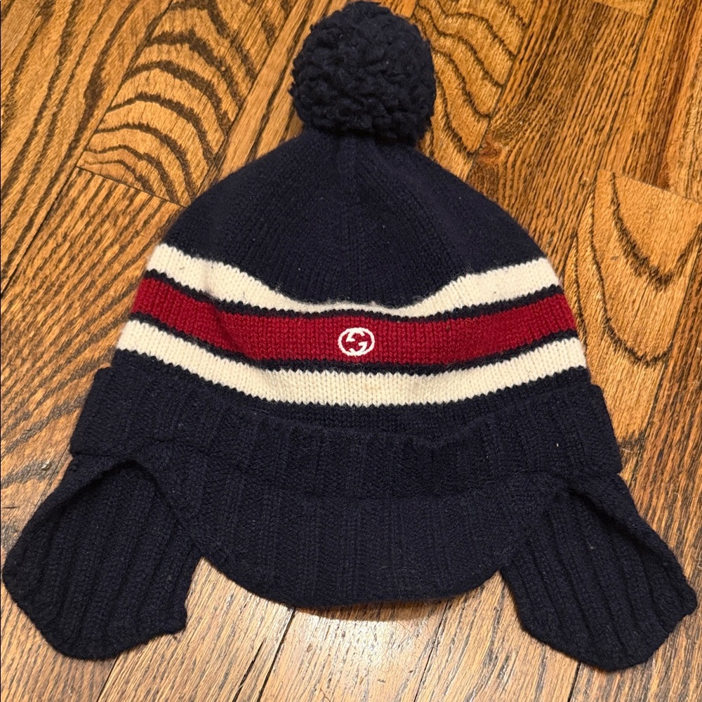 Gucci Kids Navy and Red Pom-Pom Hat